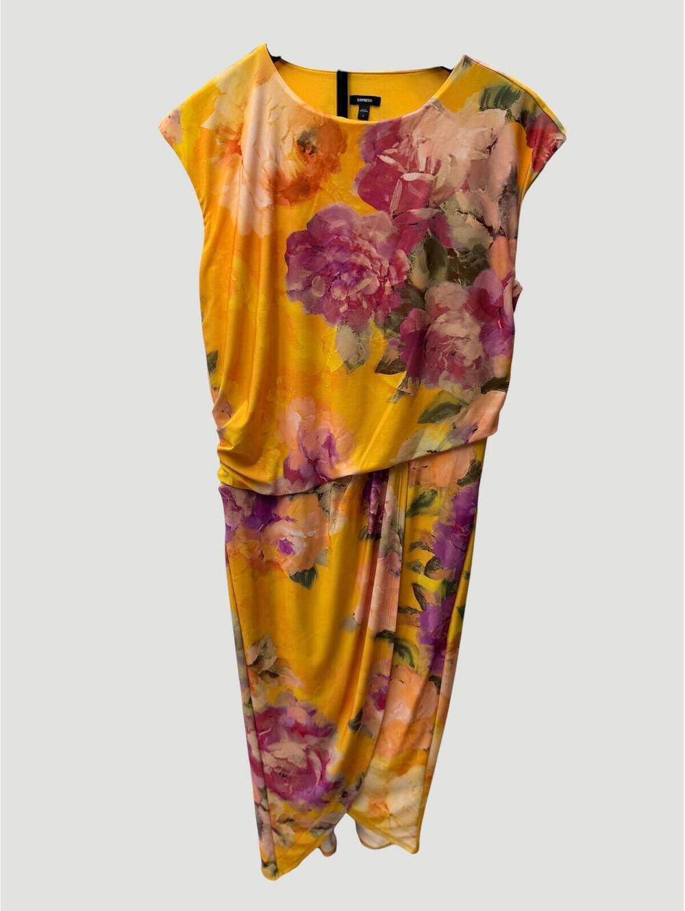Express Yellow Floral Draped Midi Dress Size S - Picture 2 of 7